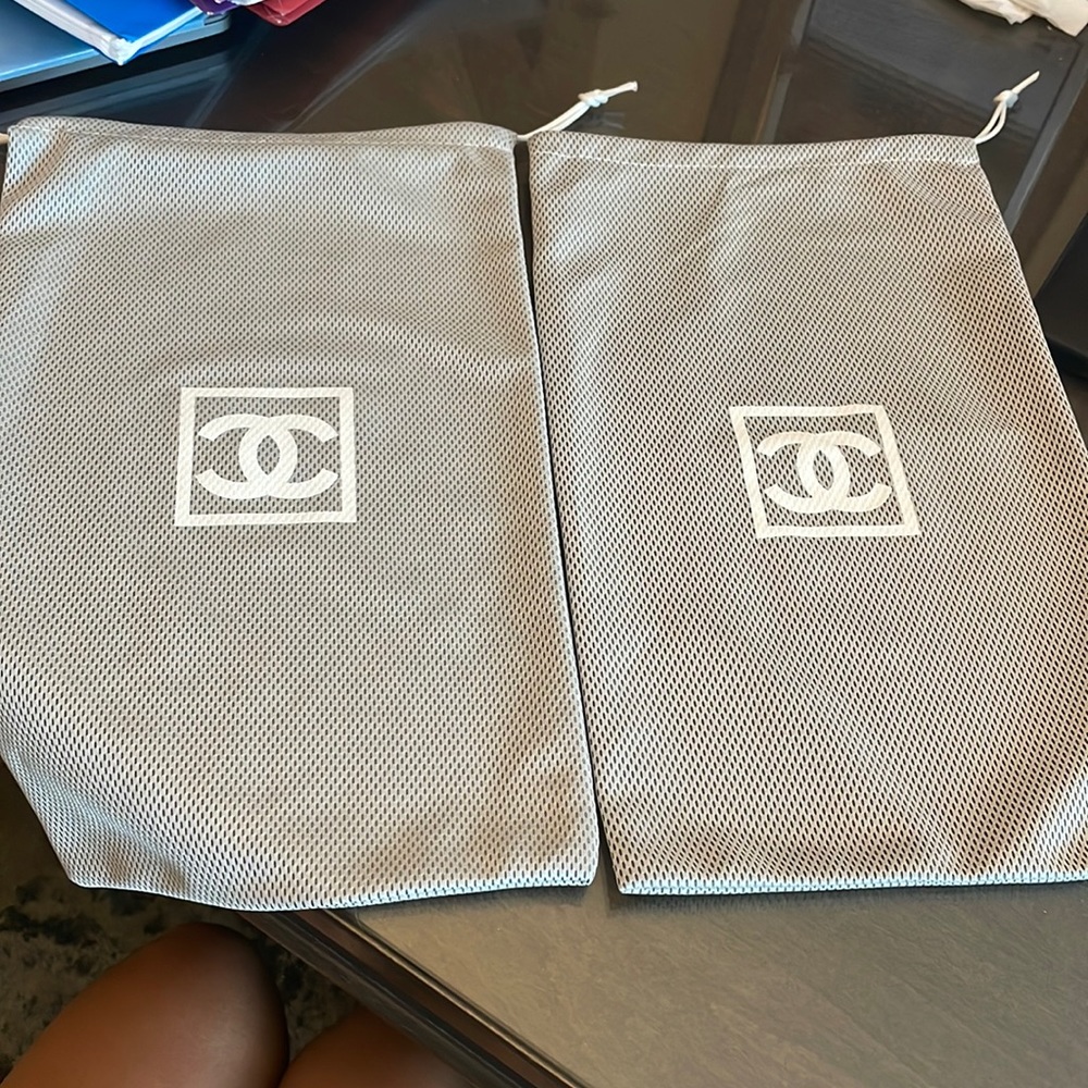 CHANEL Gray and White Mesh Drawstring Dust Bags - Pair